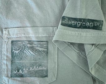 Mountain Range Hand-Printed Linocut Comfort Colors Adult Unisex Pocket T-shirt