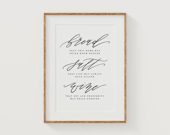 Einweihungsparty Blessing Kalligraphie Art Print: Brot, Salz, Wein (Digitaler Download)