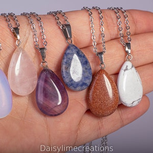 Natural Stone Pendants Rose Quartz Amethyst Sodalite Turquoise Opalite Pendant Necklaces Water Drop shaped Healing Chakra Pendants Gift