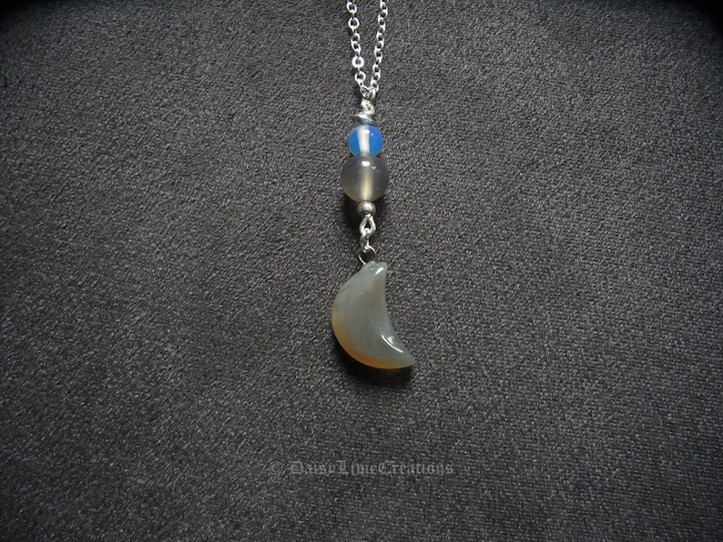 Crescent Moon Necklace Grey Onyx Moon Luna Pendant Silver Chain Necklace Gift boxed