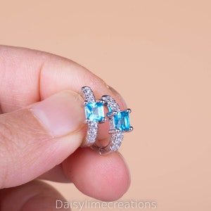 Blue crystal hoop earrings/ huggie hoops silver hoops HIGH-Quality non tarnish aquamarine earrings