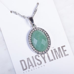 Aventurine Pendant Necklace 18K White Gold Plated Necklace Green Aventurine Silver Pendant Necklace Gift For Her