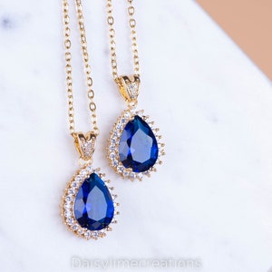 Blue Sapphire Pendant Necklace Sapphire Gold Plated Necklace Cubic Zircon Necklace Gift For Her