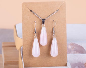Rozenkwarts ketting oorbellen set dames sieraden set cadeau voor haar edelsteen ketting