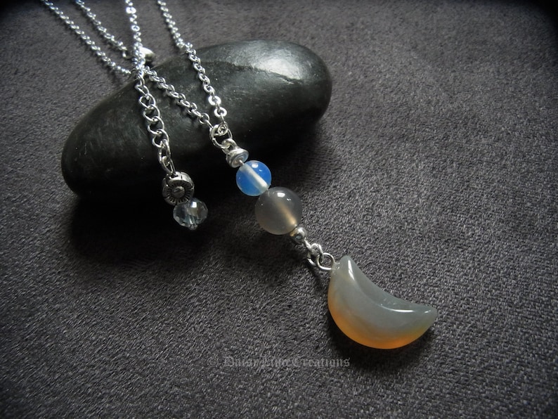 Crescent Moon Necklace Grey Onyx Moon Luna Pendant Silver Chain Necklace Gift boxed