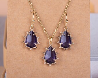 Purple Crystal Necklace & Earrings Set Gold Plated Minimalistic Jewellery Gift For Her Bridesmaid Gift