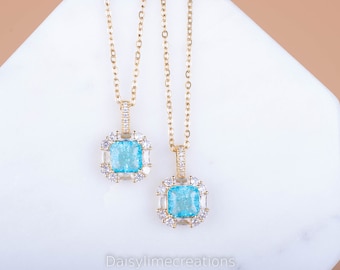 Aquamarine Necklace blue zircon Necklace Crystal Necklace square necklace minimal necklace 18K gold plated necklace Valentine’s Day Gift