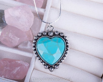 Turquoise Heart Necklace Silver Plated Heart Necklace Gift For Her Turquoise Necklace
