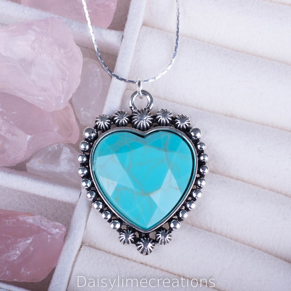 Turquoise Heart Necklace Silver Plated Heart Necklace Gift For Her Turquoise Necklace