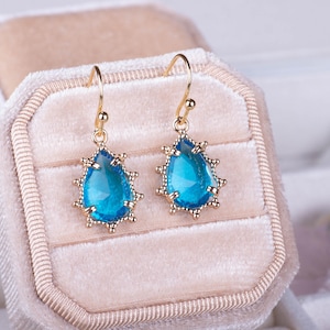Blue crystal earrings gold Plated Minimalistic earrings glass crystal drop earrings gift for her