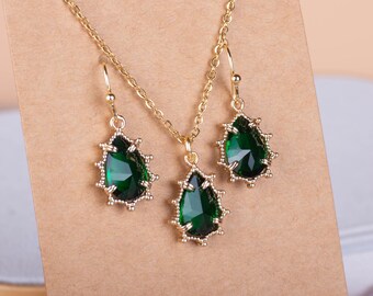 Conjunto de collar y pendientes de cristal verde chapado en oro, joyería minimalista, regalo para dama de honor.