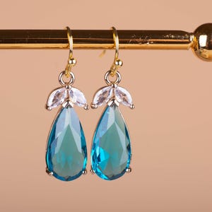 Blue crystal dangle earrings Gold plated earrings aquamarine tear drop earrings gift for her