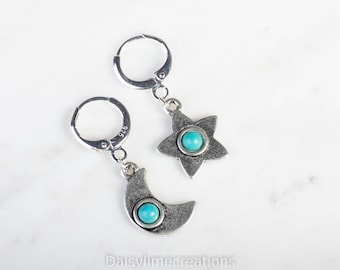 Mismatch Earrings Silver Plated Earrings Moon And Star Earrings Huggie Hoops Earrings Asymmetric Earrings