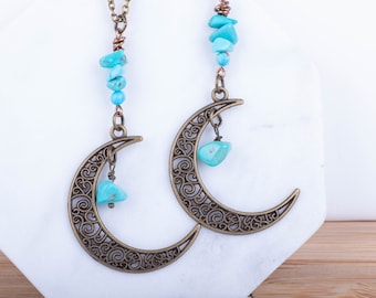 Bronze Moon Necklace Bronze Crescent Moon Ethnic Bohemian Turquoise Necklace