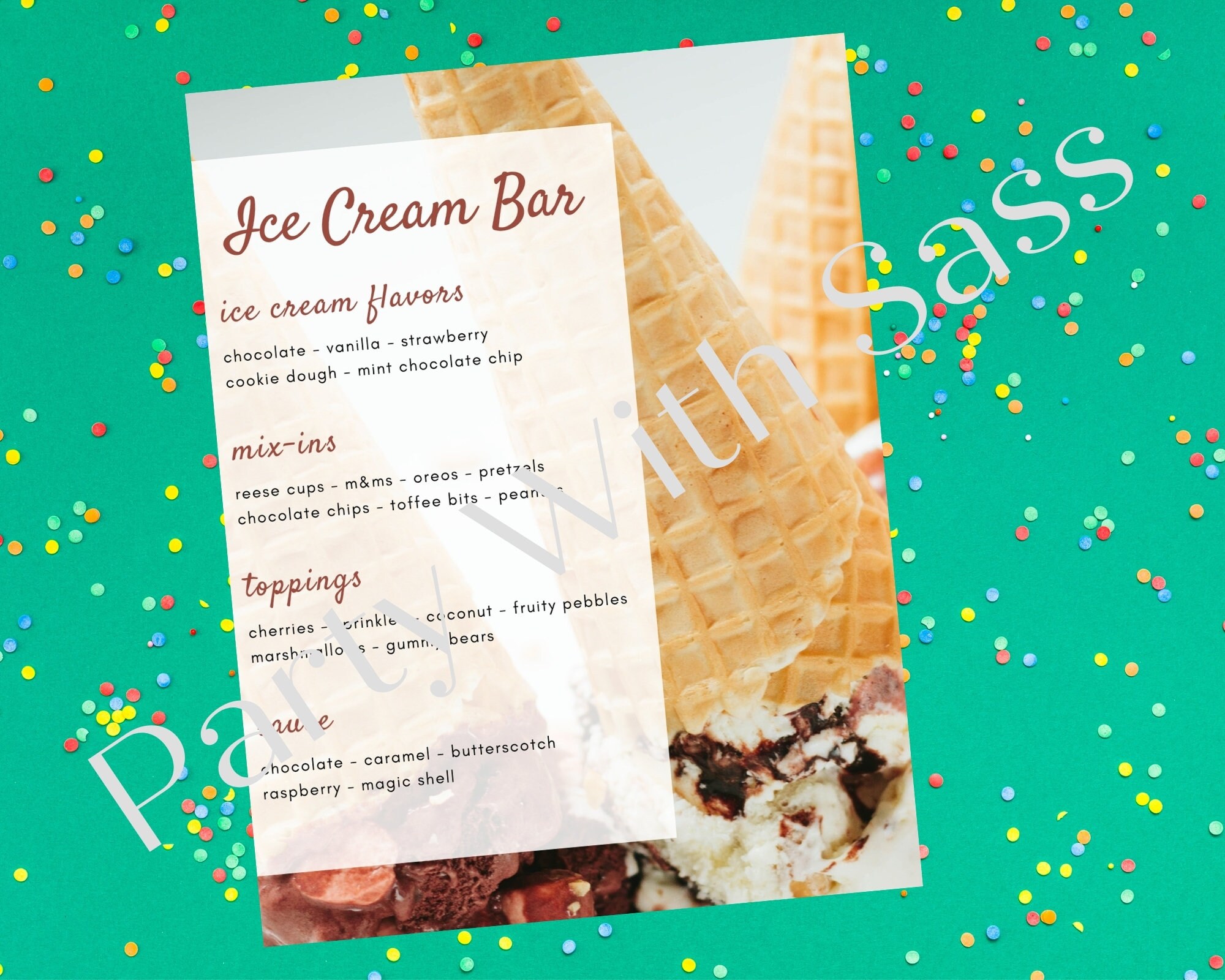 Ice Cream Bar Menu Dessert Bar Wedding Menu Reception Etsy