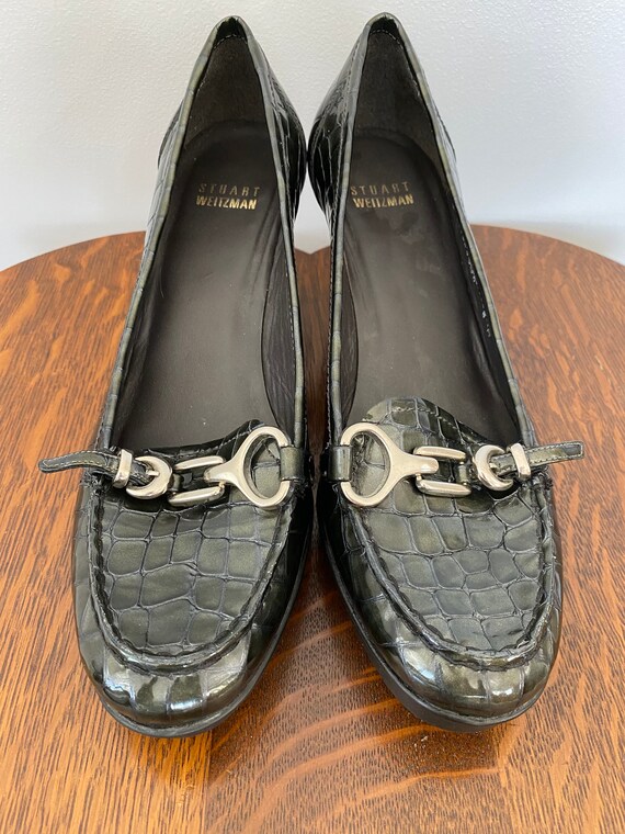 Stuart Weitzman Patent Olive Mock Croc Heels
