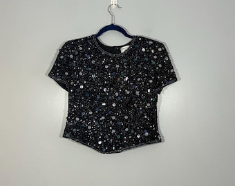 Blusa formal vintage de manga corta con lentejuelas y cuentas 100 % seda