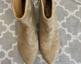 Joie Tan Suede Side Zipper Stacked Heel Booties