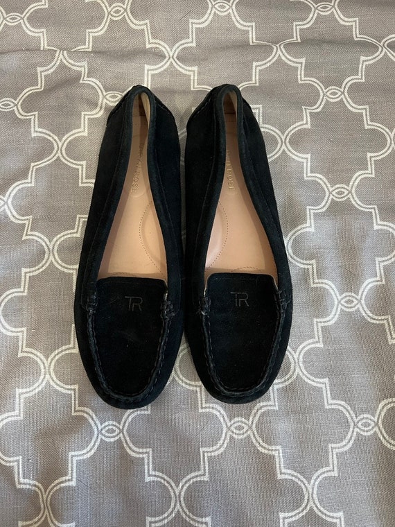 Taryn Rose Black Suede Monogrammed Driving Shoes