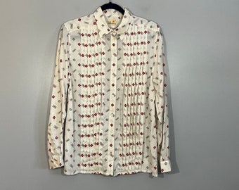 Vintage Liz Claiborne 100% Rayon Pleated Button-Down Blouse w/ Geometric Pattern