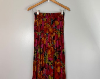 Vintage Pleated Floral Midi Skirt w/ Elastic Waist