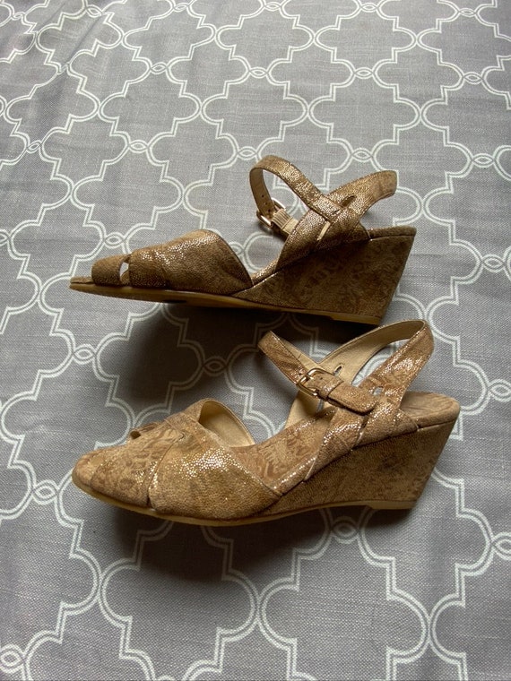 Stuart Weitzman Gold and Tan Suede Wedge Shoes