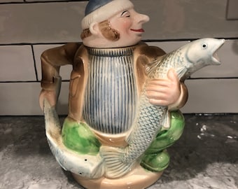 Teapot Fishermans catch, made in Japan J. Luber Roy Simpson, fisherman’s teapot, fish stories, cold winter night, Christmas gift