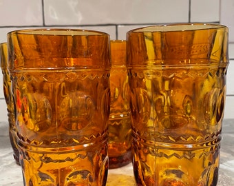 Vintage Indiana Glass Kings Crown Amber Tumblers - Set of 8, Mid Century Modern Thumbprint Amber Glassware, Retro Dinnerware Water Glasses
