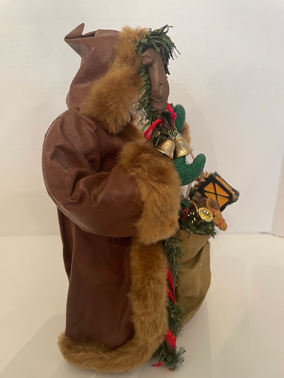 Santa Paper Mache Figure, 10 1/2” Tall, Brown Fur Coat
