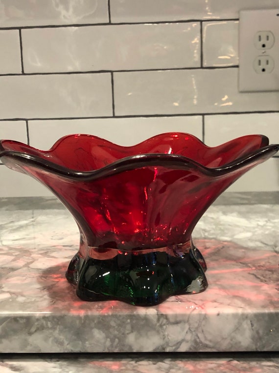 Red Indiana Glass, Bowl With Green Base, Vintage, Christmas, Gift