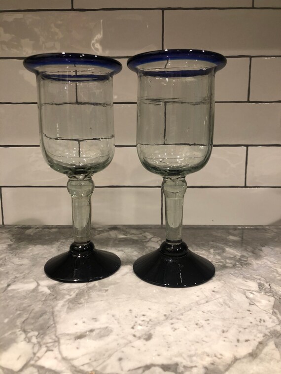 Cobalt Blue Mexican Wine Glasses Recycled Glass Hand Blown Etsy