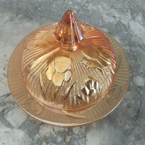 Carnival Glass l, Covered Cheese Dish, Butter, Jeannette Iris Iridescent, Amber Gold,  gift