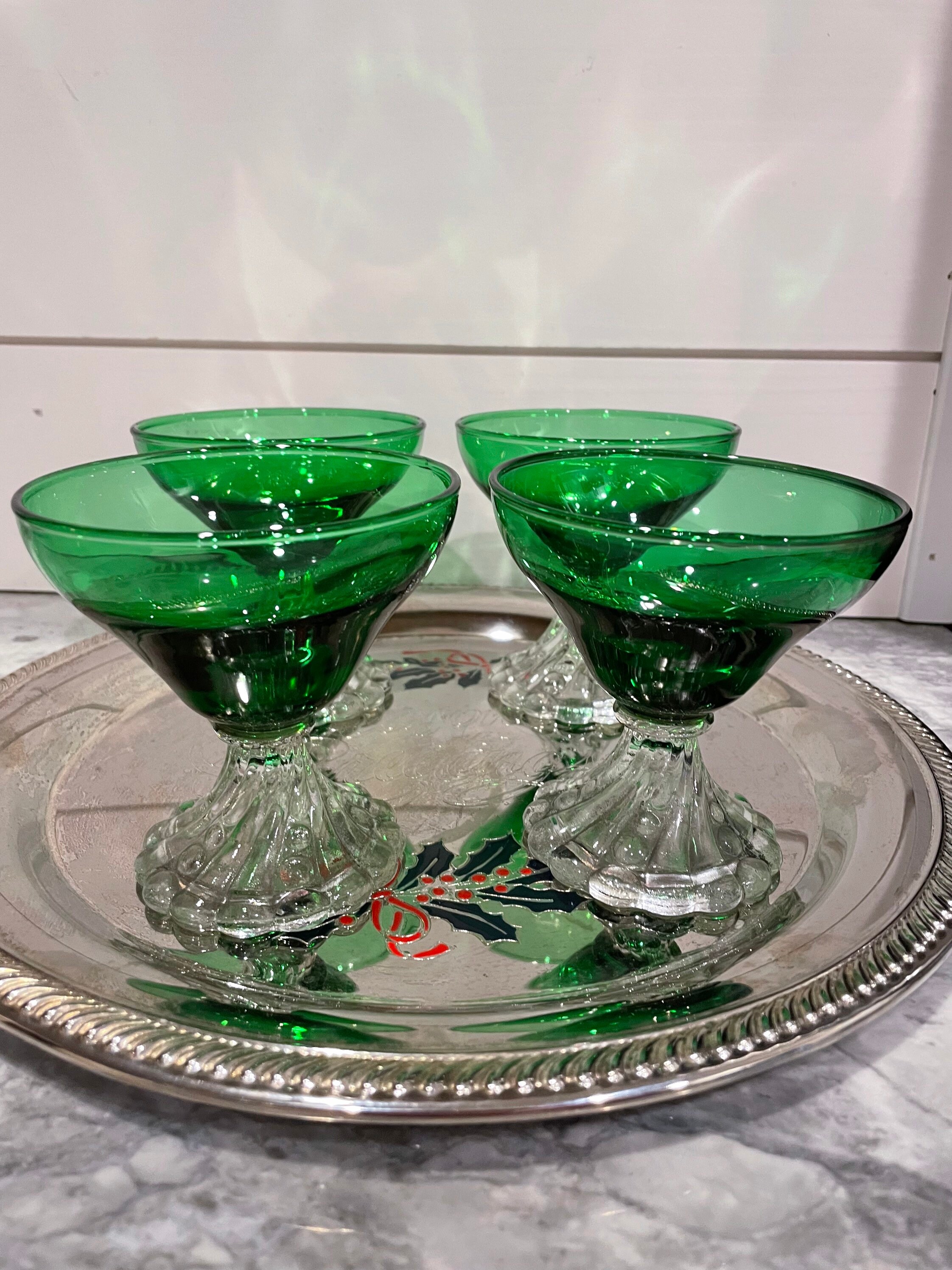 Vintage Anchor Hocking Burple Green Cocktail / Wine / Coupe / Aperitif Glasses /Champagne/ Dessert with Swirl Pattern / Christmas