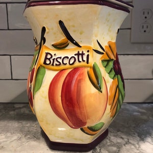 Biscotti Jar Hand Painted, Cookie Jar, kitchen Storage, Fruit Themed, Snack Jar,  gift