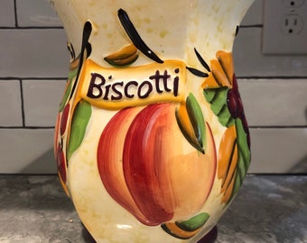 Biscotti Jar Hand Painted, Cookie Jar, kitchen Storage, Fruit Themed, Snack Jar,  gift