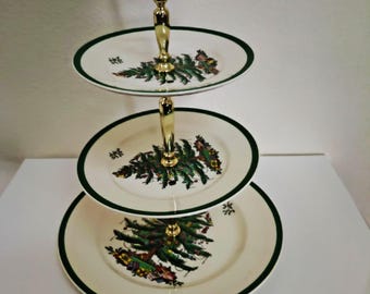 クリスマスツリー、3段の目盛り付きプレート、手作りケーキスタンド