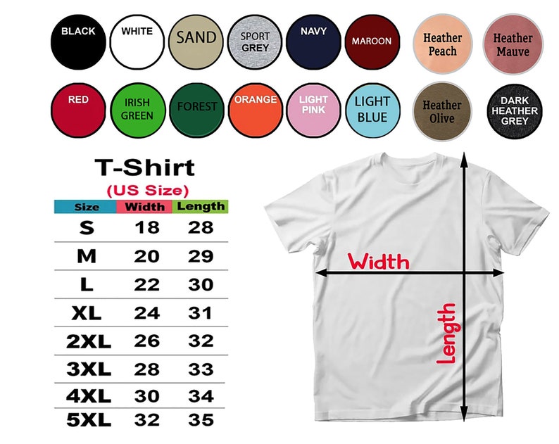 K&ouml;nnte beinhalten: Ein wei&szlig;es T-Shirt mit einer Gr&ouml;&szlig;entabelle, die die Breite und L&auml;nge in Zoll f&uuml;r die Gr&ouml;&szlig;en S bis 5XL angibt.