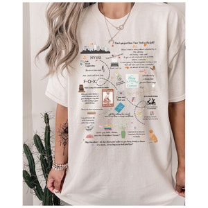 Pode incluir: Camiseta branca com um design gr&aacute;fico que apresenta um mapa da cidade de Nova Iorque com v&aacute;rios textos e ilustra&ccedil;&otilde;es. O texto inclui cita&ccedil;&otilde;es sobre a cidade de Nova Iorque, livros e caf&eacute;. As ilustra&ccedil;&otilde;es incluem uma raposa, uma borboleta, uma pilha de livros, uma ch&aacute;vena de caf&eacute; e uma flor.