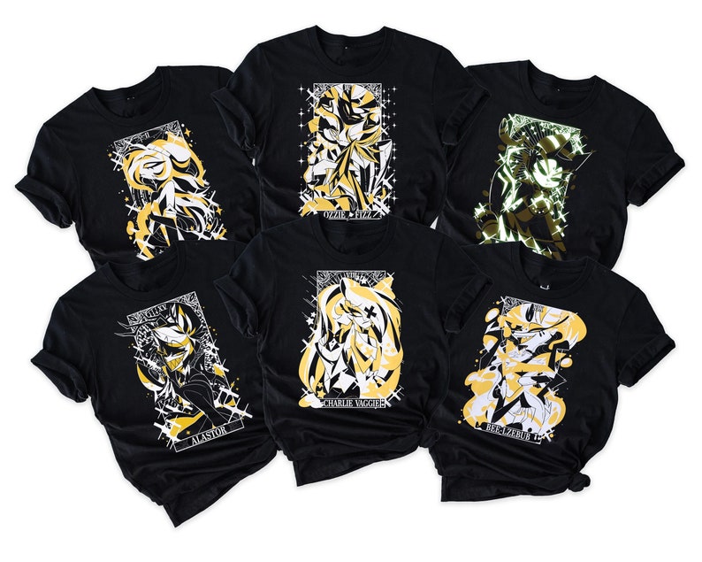 May include: Six black t-shirts with different character illustrations in gold and white. The characters are from the show "Hazbin Hotel". The shirts feature the names "Alastor", "Angel Dust", "Cherri Bomb", "Charlie Magne", "Vaggie", and "Sir Pentious".