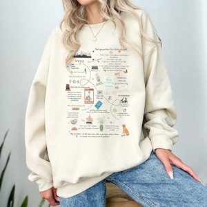 Pode incluir: Camisola bege com um design gr&aacute;fico que apresenta um mapa da cidade de Nova Iorque com v&aacute;rios marcos e cita&ccedil;&otilde;es. O design inclui o texto "Don't you just love New York in the fall?" e "Shop Around the Corner".