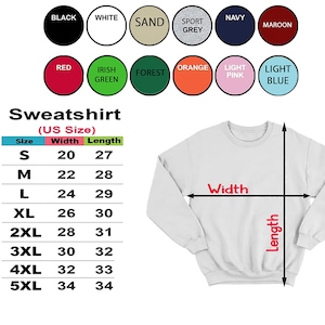 K&ouml;nnte beinhalten: Eine Gr&ouml;&szlig;entabelle f&uuml;r einen Pullover mit Ma&szlig;en in Zoll. Die Tabelle zeigt die Breite und L&auml;nge des Pullovers in den Gr&ouml;&szlig;en S bis 5XL. Der Pullover ist in Wei&szlig; dargestellt.