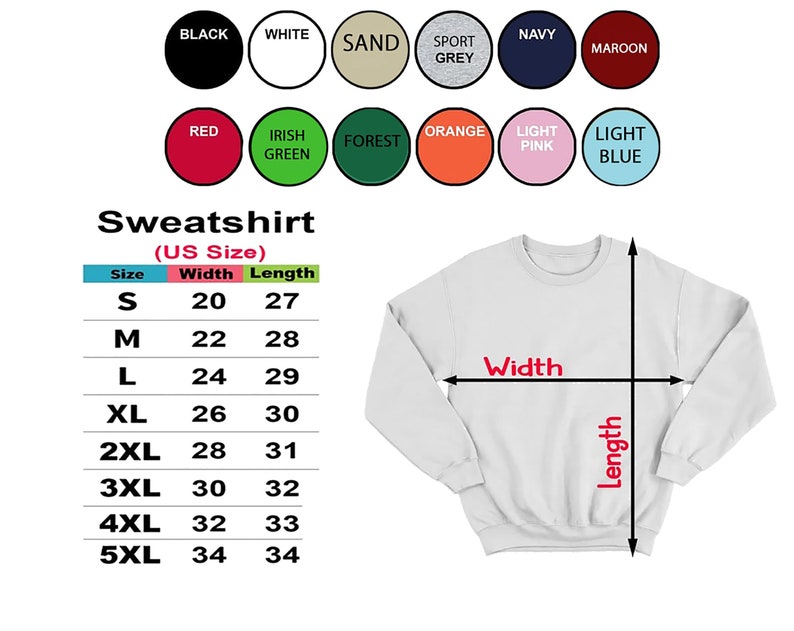 K&ouml;nnte beinhalten: Eine Gr&ouml;&szlig;entabelle f&uuml;r einen Pullover mit Ma&szlig;en in Zoll. Die Tabelle zeigt die Breite und L&auml;nge des Pullovers in den Gr&ouml;&szlig;en S bis 5XL. Der Pullover ist in Wei&szlig; dargestellt.