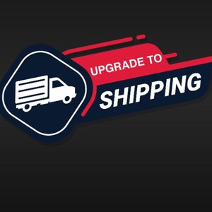 Könnte beinhalten: Rote und blaue Grafik mit dem Text "Upgrade to Shipping" und einer weißen Silhouette eines Lieferwagens.