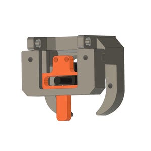May include: A 3D printed trigger mechanism with a gray and orange color scheme. The trigger is made of two parts, a gray base and an orange trigger.