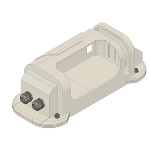 May include: A light beige, rectangular, 3D-printed object with a hollow interior and rounded edges. Two metallic connectors are visible on the front. The design includes a small window and vertical slots.