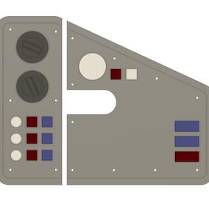 Könnte beinhalten: Ein graues Bedienfeld mit verschiedenen Knöpfen, Drehknöpfen und Schaltern. Das Bedienfeld ist in zwei Abschnitte unterteilt, wobei der linke Abschnitt zwei runde Drehknöpfe und drei Reihen von Knöpfen aufweist, und der rechte Abschnitt eine große ovale Aussparung, einen runden Knopf und drei Reihen von Knöpfen.