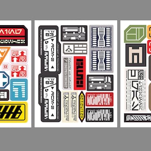 May include: A collection of colorful, geometric stickers with various shapes and text. The stickers feature a mix of red, yellow, black, and white designs, with some including numerical and symbolic elements. The overall aesthetic is reminiscent of a futuristic or sci-fi theme.