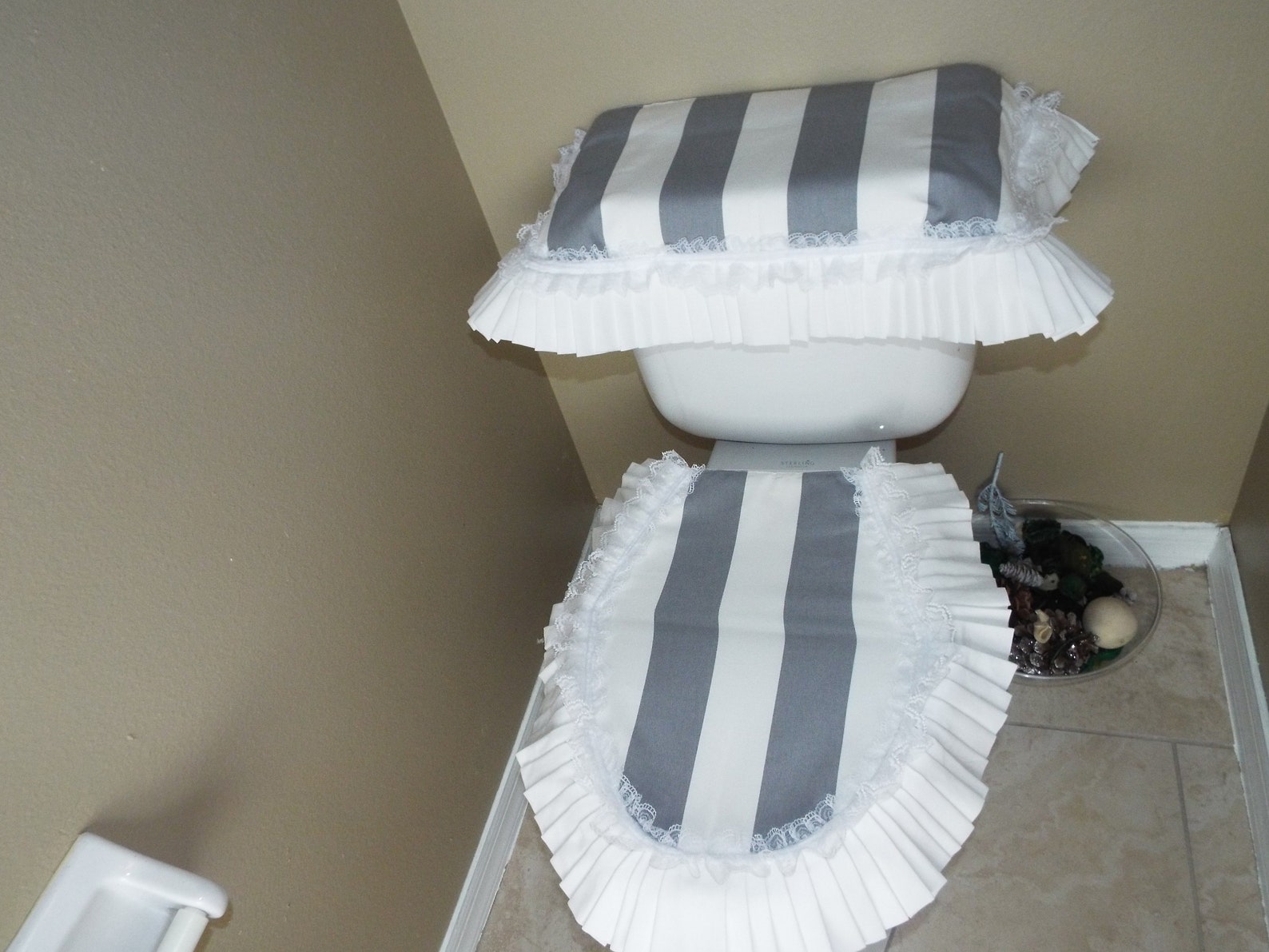 Toilet Cover White Grey Striped Ruffles Lace Bathroom Etsy