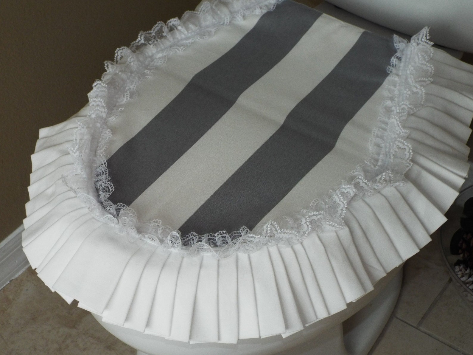 Toilet Cover White Grey Striped Ruffles Lace Bathroom Etsy