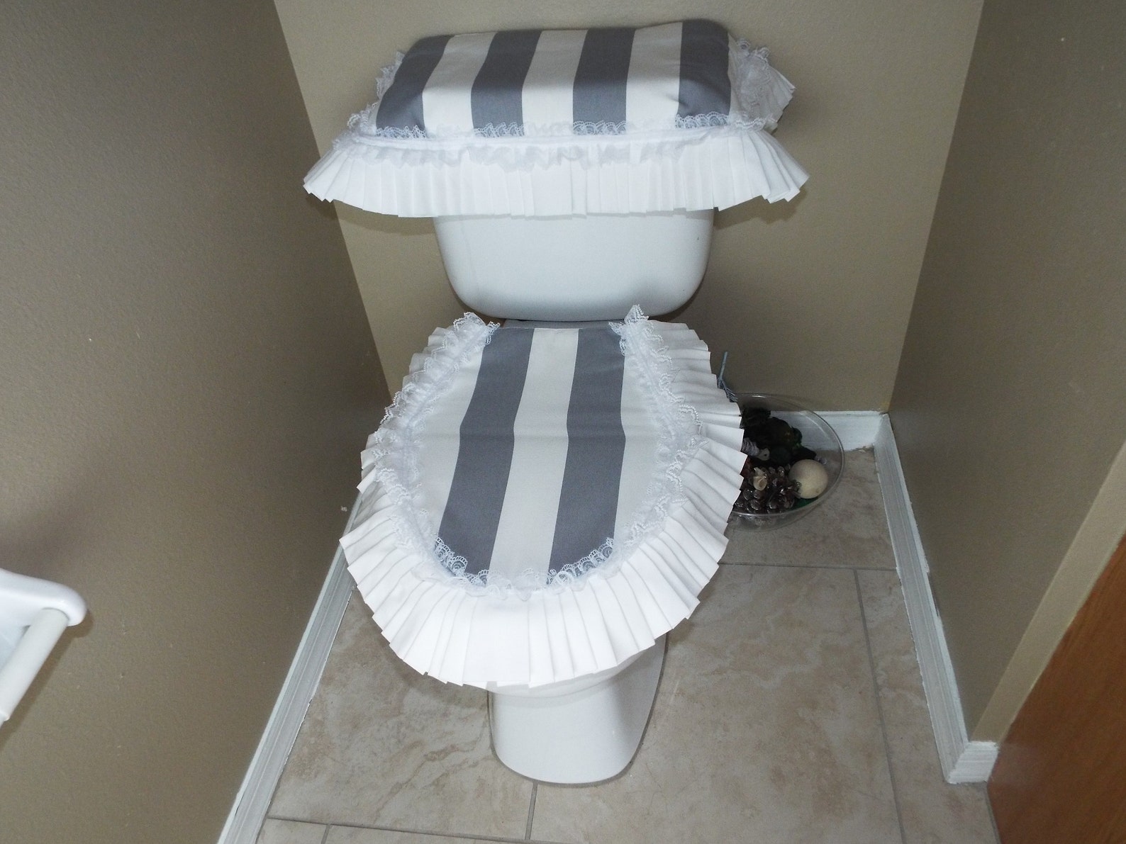Toilet Cover White Grey Striped Ruffles Lace Bathroom Etsy